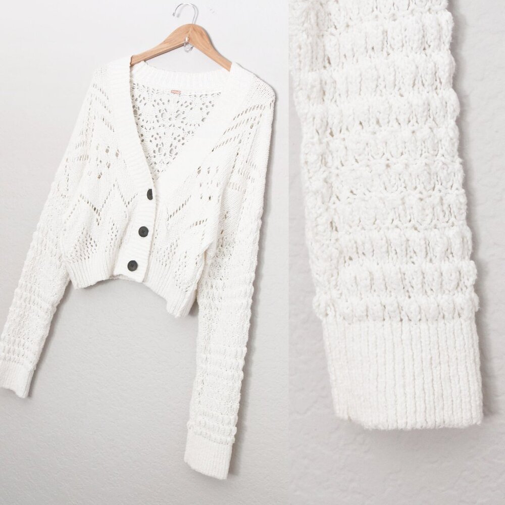 Free People Chloe Cardigan M Evening Cream White Loose Knit Cropped Sweater $128 - Picture 12 of 15